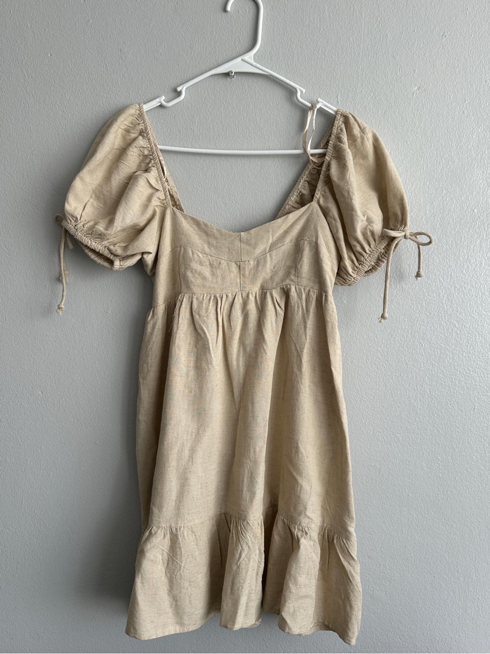 Beige Puff-Sleeve Smocked Waist Dress